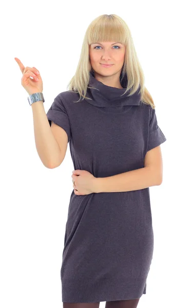Blonde young woman shows advertising gestures — Stock Photo, Image
