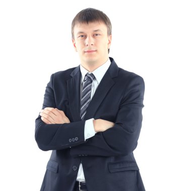 Beyaz arka planda izole edilmiş genç bir iş adamının portresi.