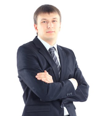 Beyaz arka planda izole edilmiş genç bir iş adamının portresi.