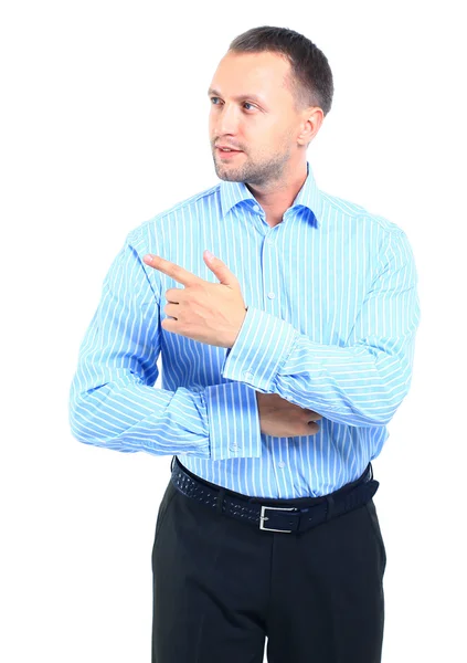 Retrato de un hombre de negocios guapo mirando y señalando con el dedo hacia arriba — Foto de Stock