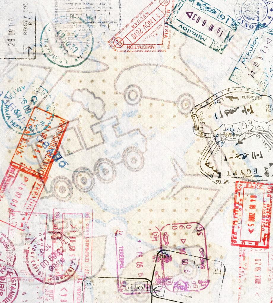 Travel background with different passport stamps and four types of transport