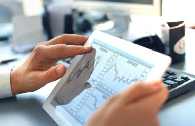 Şirketin çalışmalarında kaydedilen ilerlemeyi gösteren mali rakamları analiz eden bir iş danışmanı