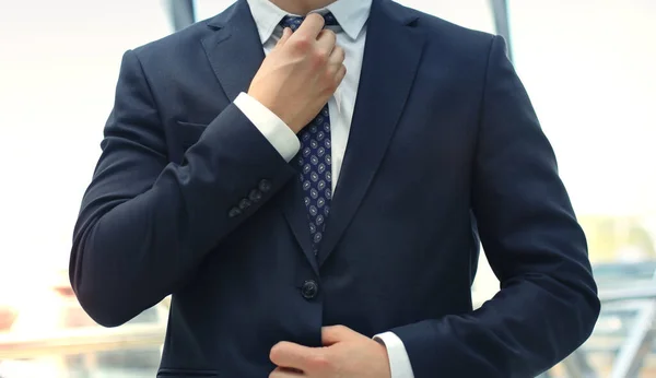 Young Businessman Adjusts His Tie Business Concept — Stock Photo, Image