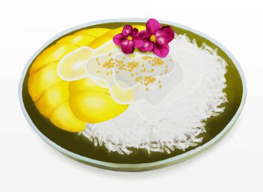 Tay tatlı, mango ile Hindistan cevizi yapışkan pirinç ve orkide çiçek