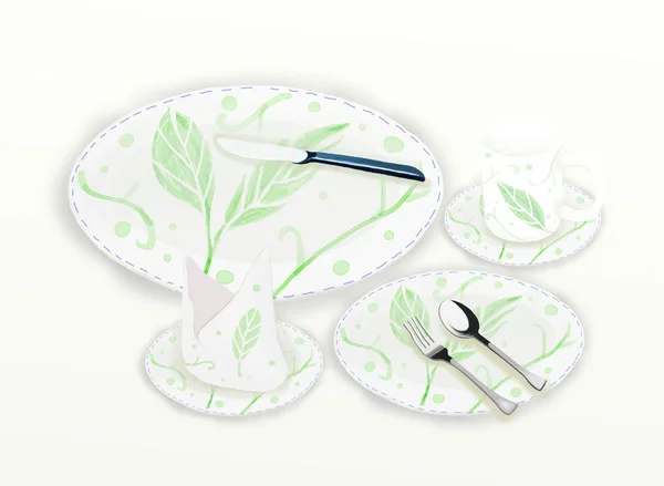 Ceramic dish Set with Green leaf pattern — Stock Photo, Image