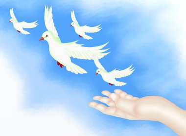 Open Hand Releasing Freedom Bird in Clear Blue Sky. clipart