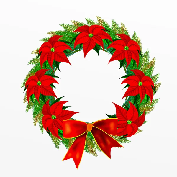 Christmas Wreath with Bow and Poinsettia Flowers — Stock Photo, Image