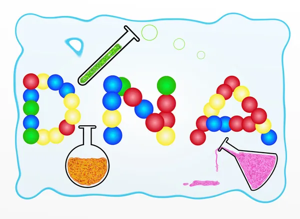 DNA ord bygga från olika färger bollar med laboratorieutrustning — Stockfoto