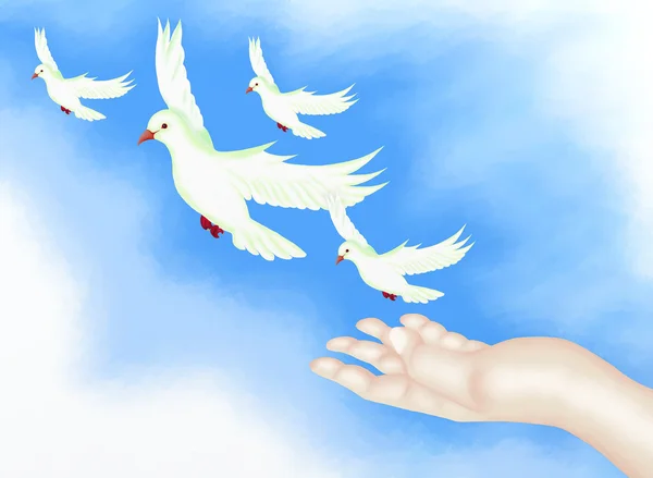 Open hand vrijgeven van vrijheid vogel in heldere blauwe hemel. — Stockfoto