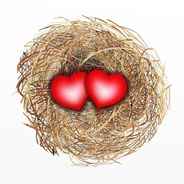 Nicely Built Bird Nest with Two Red Heart — Stock Photo, Image