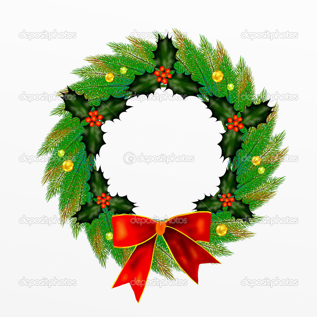 Christmas Wreath with Bow, Holly Leaves and Berries and Ornament