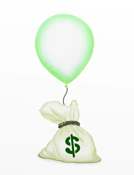 A Bag of Money Flying Up by A Green Balloon — Stock Photo, Image