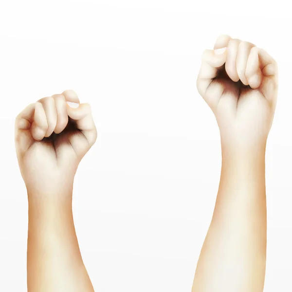 Human Hands Clenched Fists Raised Up Against White Background — Stock Photo, Image