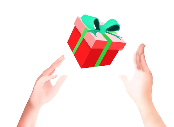 A Present with Green Ribbon Falling Down on Hands — Stock Photo, Image