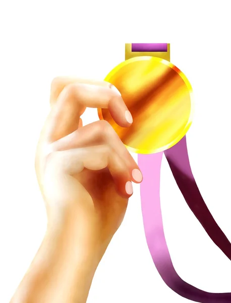 Atleta sosteniendo una medalla de oro en la mano — Foto de Stock