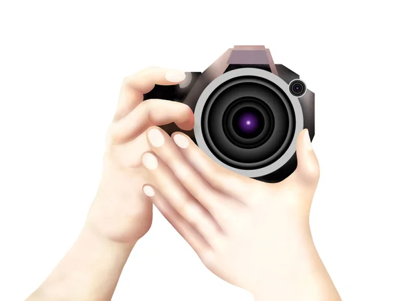 Mão segurando uma câmera DSLR isolado em fundo branco — Fotografia de Stock