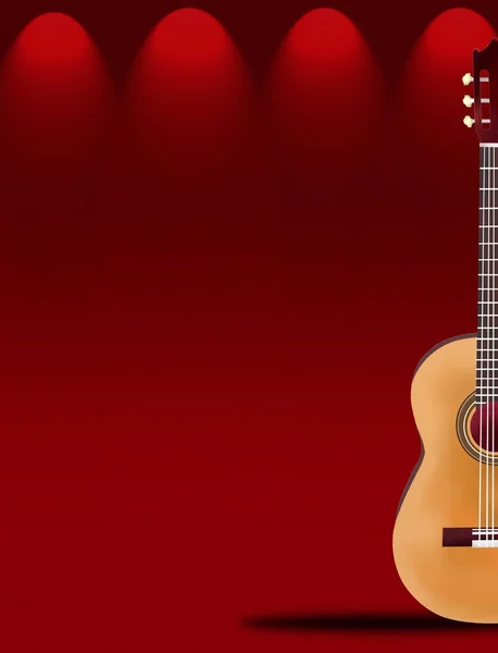 Kırmızı zarif Tiyatro sahne alanı'nda güzel bir klasik gitar — Stok fotoğraf