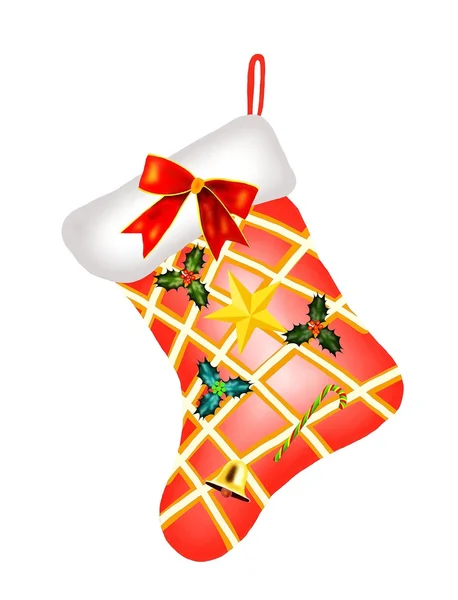 Lovely Red Christmas Stocking with Christmas Decorations — Stock Photo, Image