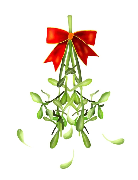 Hanging Green Mistletoe with A Red Bow — Stock Photo, Image