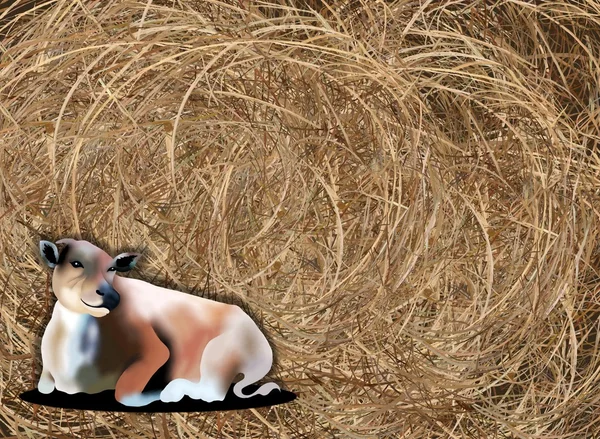 Ruční kresba krávy na pozadí haybale — Stock fotografie