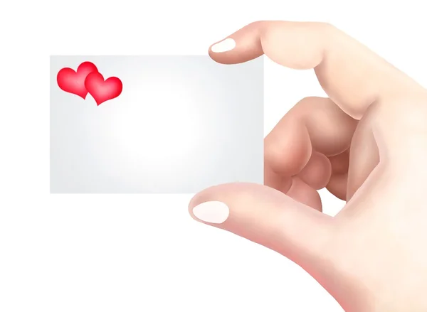 Mano sosteniendo una tarjeta en blanco ingenio corazón rojo — Foto de Stock