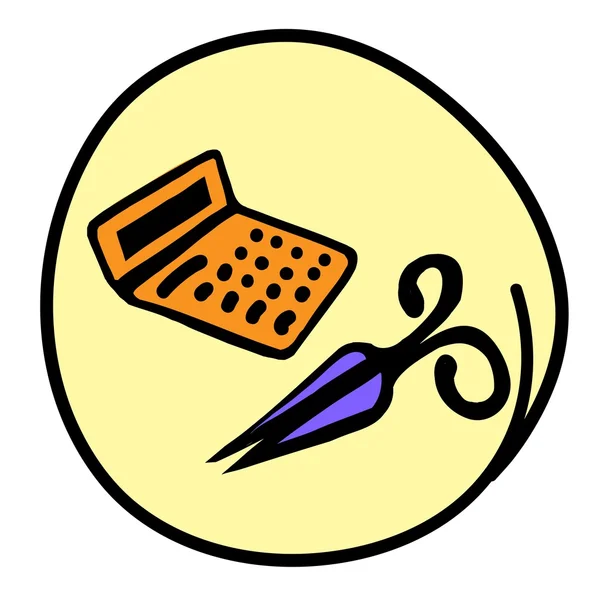 Калькулятор и ножницы на круглом желтом фоне — стоковый вектор
