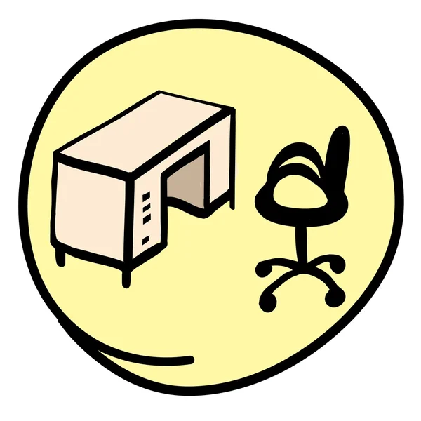 Bureau et chaise sur fond jaune rond — Image vectorielle