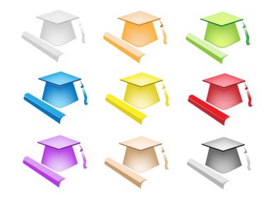 diploma ve mezuniyet şapka renkli resimde kümesi
