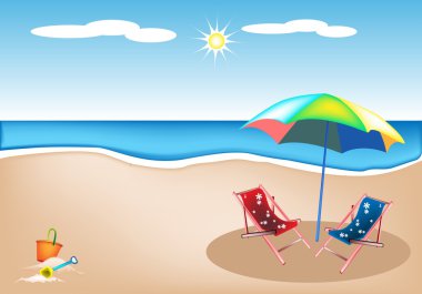 şemsiye ve oyuncaklar ile plaj sandalyeleri gösteren resim