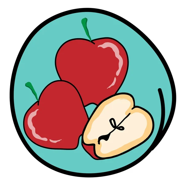 Tre rött äpple på rund grön bakgrund — Stock vektor