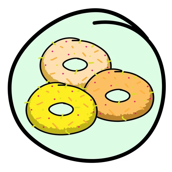 Yuvarlak yeşil zemin üzerine bir donut çeşitler — Stok Vektör