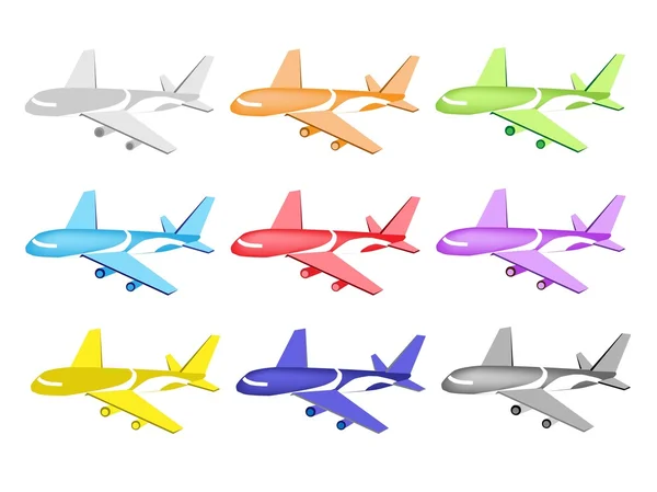 상업 비행기 아이콘의 다채로운 그림 세트 — 스톡 벡터