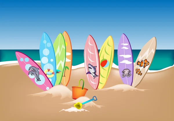 Illustration Set von Surfbrettern am Strand — Stockvektor