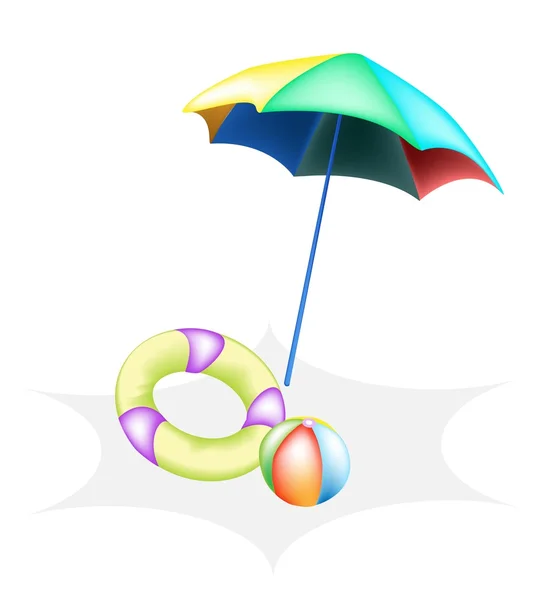 Illustration of Beach Ball with Inflatable Ring and Umbrella — Stock Vector