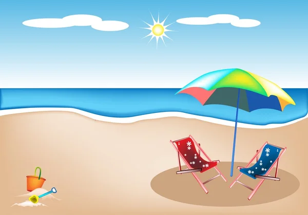 Illustration de chaises de plage avec parapluie et jouets — Image vectorielle