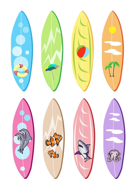 Ein illustratives Set von Surfbrettern mit verschiedenen Designs — Stockvektor