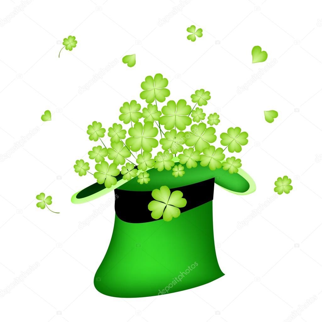 Illustration of Many Four Leaf Clovers in Green Hat