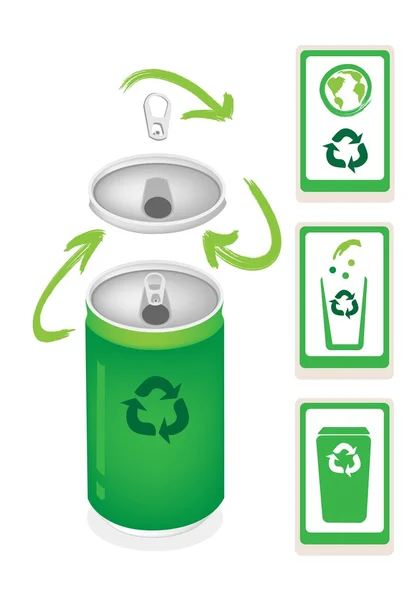 Aluminiumkanister mit Recyclingsymbol und Mülleimer — Stockvektor