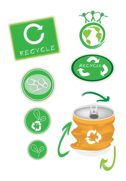 Gelbe Aluminiumdose mit Recyclingsymbol zur Rettung der Welt — Stockvektor