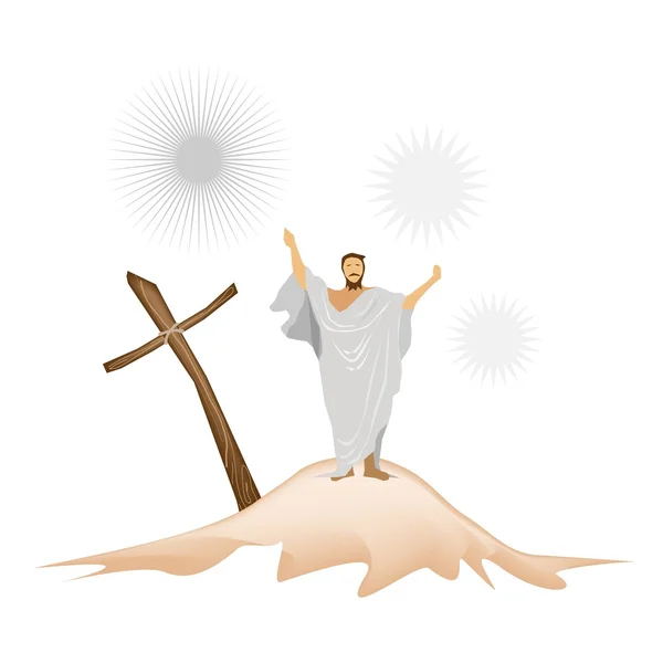 Jesucristo con cruz de madera en una montaña — Vector de stock