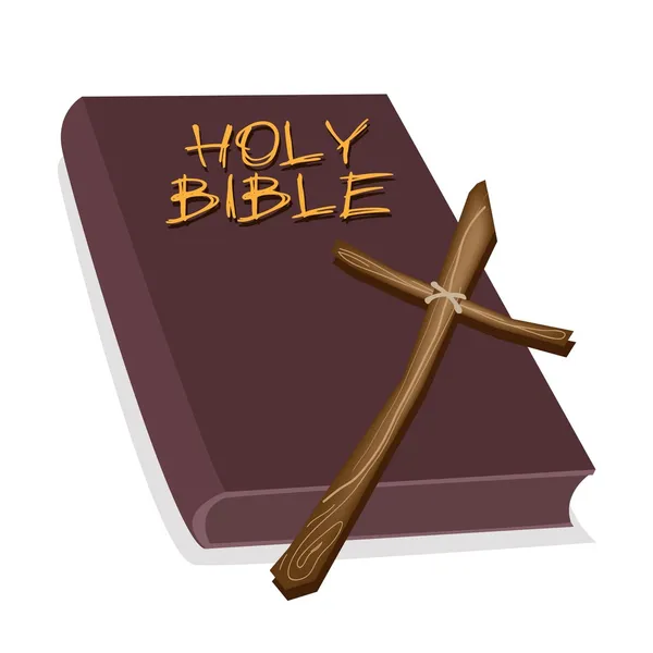 Una Santa Biblia Marrón con una Cruz de Madera — Vector de stock