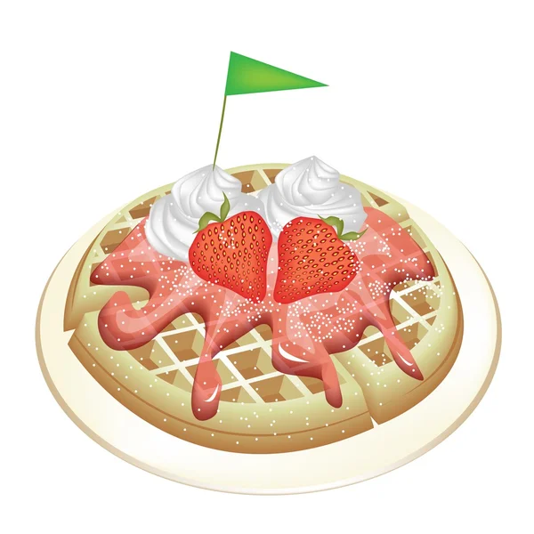 Tradición Waffle con fresas y crema batida . — Vector de stock