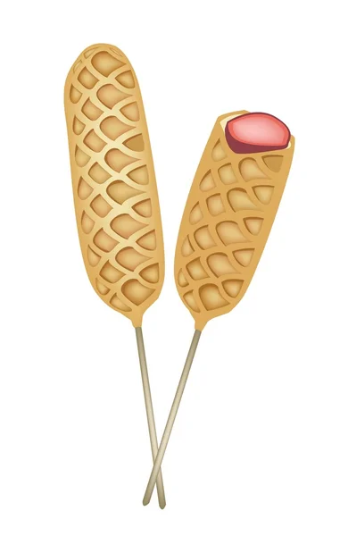 Two Freshly Corn Dogs or Hot Dog Waffles — Stock Vector