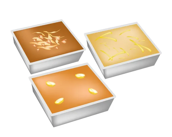 Délicieuse crème anglaise aux œufs aux saveurs variées sur fond blanc — Image vectorielle