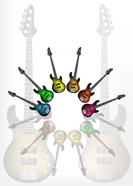 Várias cores de guitarras elétricas com fundo de sombra de guitarra —  Vetores de Stock