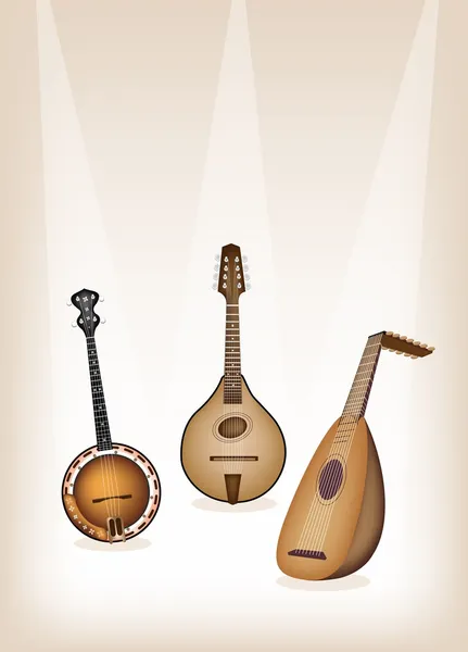 Antique cordes d'instrument de musique sur fond de scène brun — Image vectorielle
