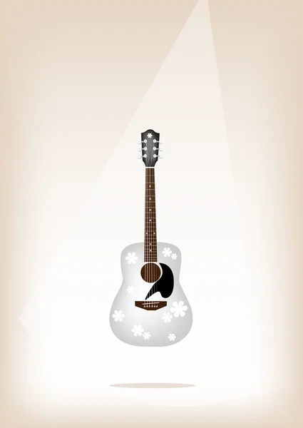 A Beautiful White Guitar on Brown Stage Background — Stock Vector