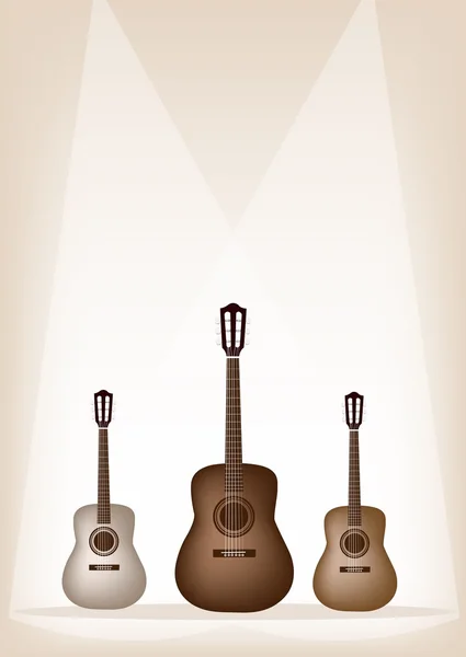 Three Beautiful Guitar on Brown Stage Background — Stock Vector