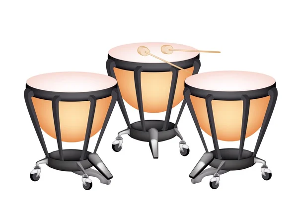 Three Beautiful Classical Timpani on White Background — Stock Vector