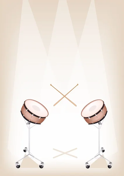 Two Beautiful Snare Drum on Brown Stage Background — Stock Vector